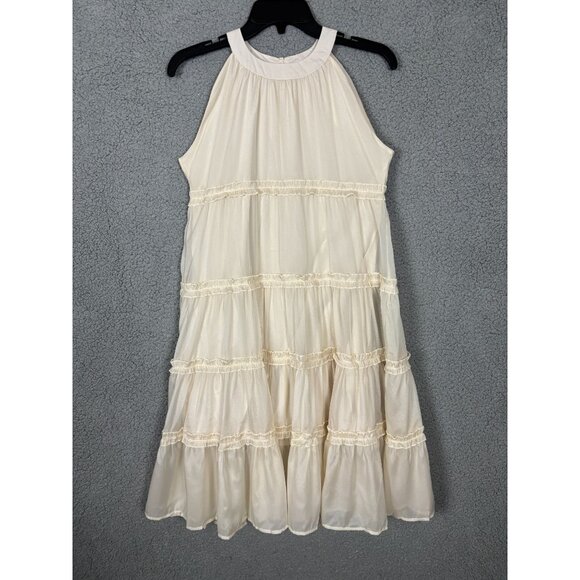 Maoo Garden Other - Girls Ivory Sleeveless Dress Halter Neck Off Shoulder Ruffled Hem Beige 12Y NWOT